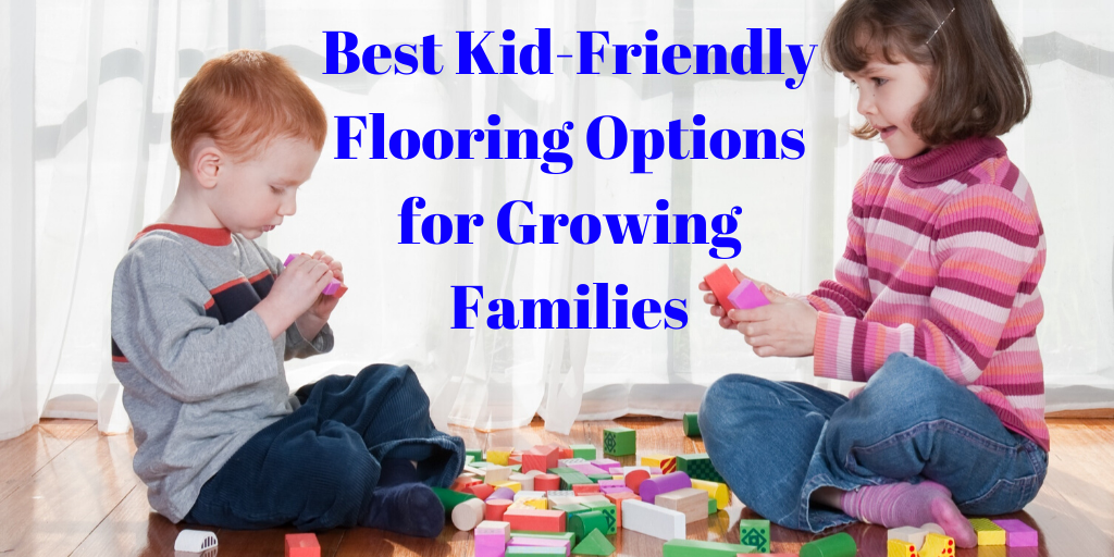 Kid-friendly flooring text overlaid stock photo of two kids playing with blocks on wood look floors