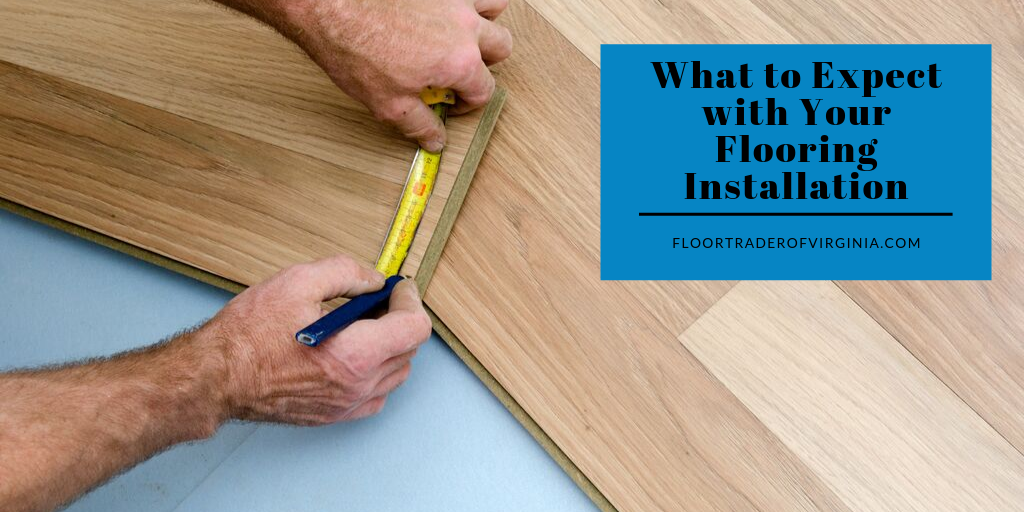 flooring installation graphic overlaid on stock photo of man measuring planks